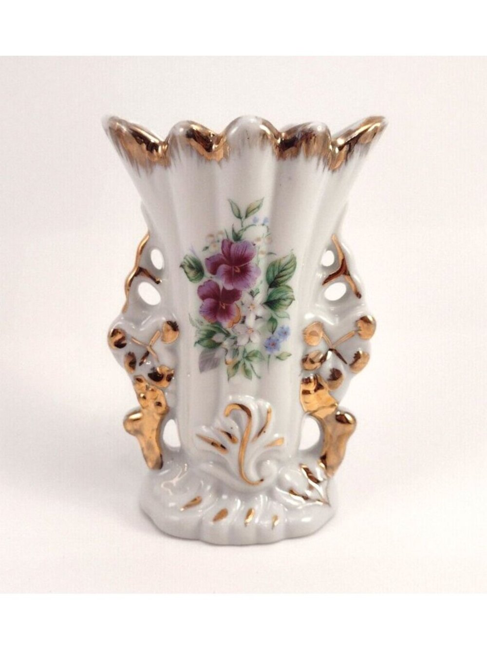 Vintage Floral Bridal Vase Gold Trim Hand Painted Flowers Porcelain 5" Tall